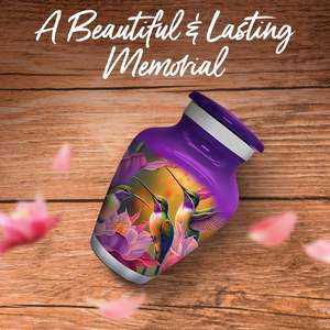 Purple Hummingbird Urn Keepsake - Small <b>for</b> Human <b>Ashes</b> with <b>Box</b> & Bag - Purple Urn with Hummingbirds - Honor Your Loved One - Product Image 6