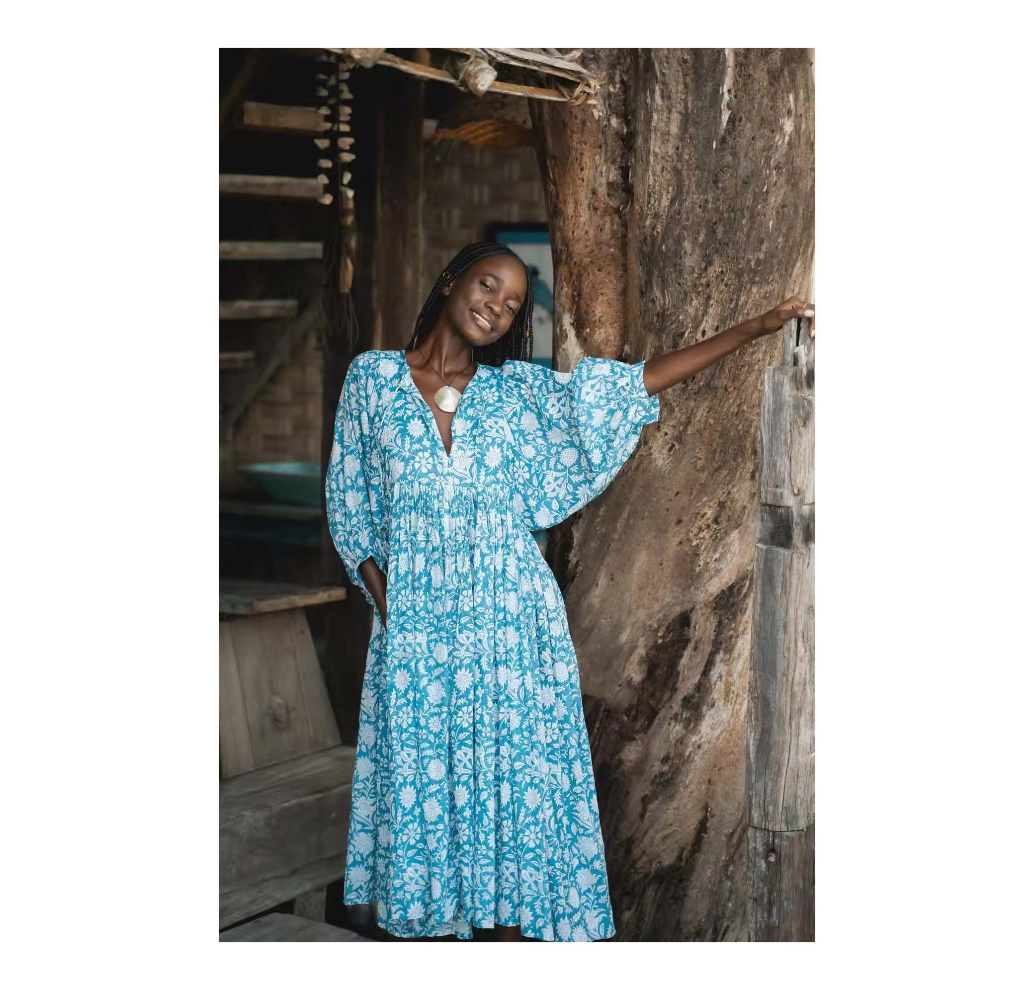 High Quality Cotton Dresses High Quality African Print Short Sleeves Round  High Neckline Back Zip 100%