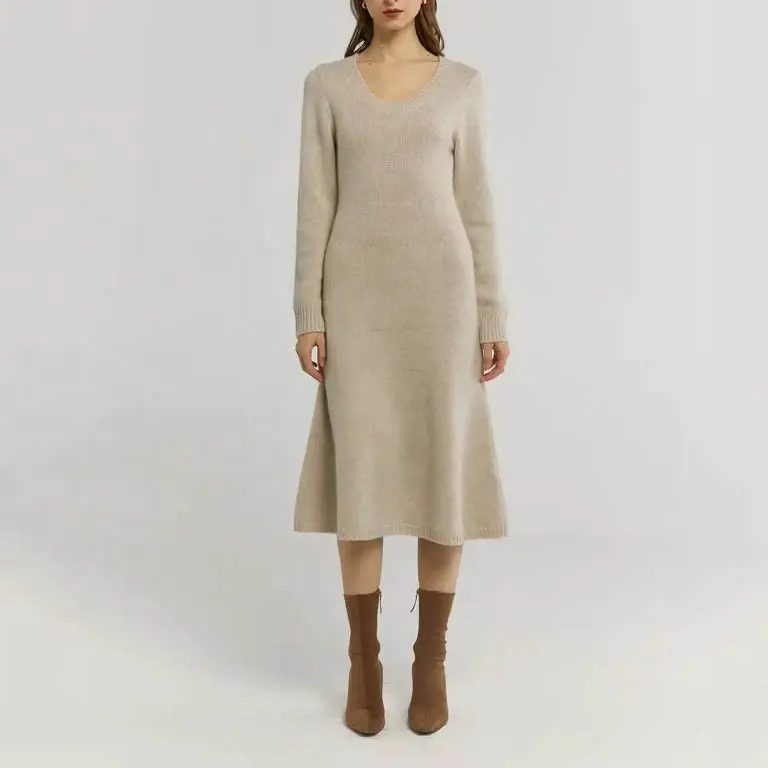 Factory Custom Sweater Knit Dress Casual Clothes Clothing Midi Dress Elegant Scoop Neck Cashmere-wool Women Lady Super Soft Wool