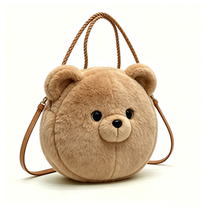customized Plush bear handbag with <b>rope</b> handles,Cute teddy bear plush bag,<b>Light</b> brown bear plush handbag,Round bear plush bag - Product Image 2