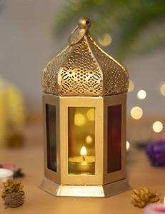 <b>Set</b> of 2 Gold Metal Lanterns Moroccan Style Hanging & Tabletop Lanterns for Home <b>Garden</b> Festive and Event Decoration Use - Product Image 4