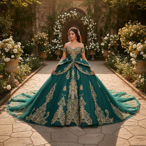 8536 Exquisitos vestidos de noche abullonados de color verde esmeralda con encaje dorado - Product Image 1