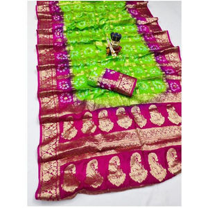 Sari de Seda con Arte Bandhej a la Moda, Elegante Sari de Seda con Arte Bandhej Estilo Rajasthani a un Precio Inmejorable por Exportador - Product Image 4