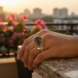 925 Silver Smoky Quartz <b>Statement</b> <b>Ring</b> for Women Handmade Boho Oval Gemstone Jewelry with Platinum Topaz Cut Gift - Product Image 1