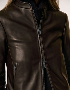 Brown Genuine Leather Breathable Windproof Moto <b>Jacket</b> Stand Collar Zipper Closure Slim Fit <b>Short</b> Length <b>Men</b> Winter Wear - Product Image 3