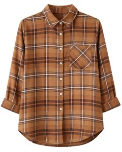 Women Oversized Plaid Button Up Shirt Camel Brown Long <b>Sleeve</b> Casual Flannel Checkered Tunic <b>Top</b> Soft Autumn Winter Wholesale - Product Image 1