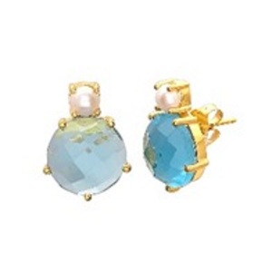 มาใหม่สีฟ้าบุษราคัมไฮโดรแอนด์เพิร์ลพลอย925เงินสเตอร์ลิงต่างหูทรงกลม - Product Image 1