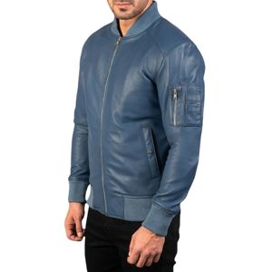 Chaqueta de Cuero Azul Personalizable de Alta Calidad para Invierno, Chaqueta Elegante con Cuello Alto de Lona, Servicios Profesionales OEM para Hombre - Product Image 6