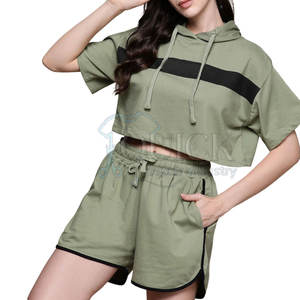 Bas quantité minimale de commande dernière conception solide décontracté tricot 100% coton sweat à capuche pour femme ensemble court de haute qualité respirant coupe régulière à la mode 2025 - Product Image 1