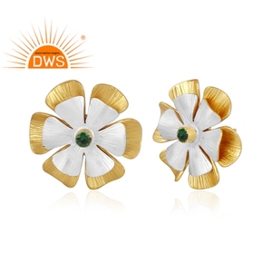 Dernier design fait à la main plaqué or 18k Zircon vert naturel pierre précieuse design floral boucle d'oreille demi-fine fabricant de bijoux - Product Image 1