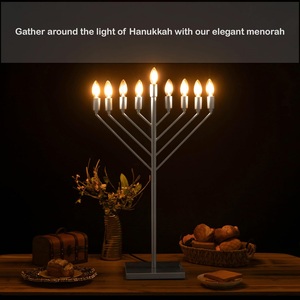 Menorah de Hanoukka Moderne à 9 Branches Style Chabad, Électrique et à Bougies, Finition Or Antique, Chandelier en Métal pour Cadeau Judaïque Religieux - Product Image 3