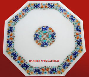 โต๊ะฝังลายดอกไม้ทรงแปดเหลี่ยมสินค้างานฝีมือทำด้วยมือหินอ่อนสีขาว - Product Image 1