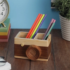 Hand-made Pine & Sheesham Wood Camera Pen Holder Wooden Desktop Pencil Cup Office Supplies Organizer Caddy Stand - Product Image 2