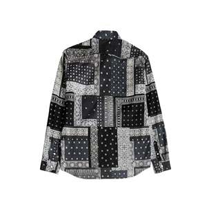 SOPHNET. Chemise décontractée 100% coton, col mandarin, coupe ajustée, manches courtes, tissu popeline de lin, style bandana à carreaux, noir, homme - Product Image 2
