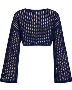 Customized <b>Navy</b> <b>Blue</b> Crochet Knit Cropped Sweater <b>Women</b> Openwork Flare Sleeve Lightweight Fashion Top For Spring Summer - Product Image 4
