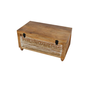 Coffre rectangulaire avec design sculpté à la main en bois de manguier massif au fini naturel blanc vieilli Maison fonctionnelle moderne - Product Image 4