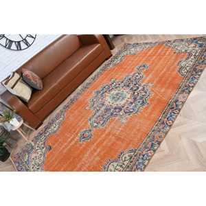 Tapis turc 5,6x9,6 pieds, tapis vintage en laine abstrait orange et bleu - Product Image 5