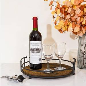 <b>Round</b> Wooden Serving <b>Tray</b> With Metal Handles Versatile Display <b>Tray</b> - Centerpieces for Kitchen Bathroom Organizer & Dining <b>Table</b> - Product Image 3