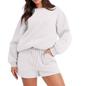 Conjuntos informales de dos piezas para mujer, sudadera de lana fina de Color sólido, conjuntos de pantalones cortos a juego, chándal cómodo suave 2025 - Product Image 6
