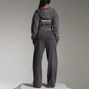 Custom Acid Wash Zip Applique Distressed Embroidery Patch Unisex Cropped Hoodie Sweatpants Set Streetwear Sweatsuit for Winter - Product Image 6