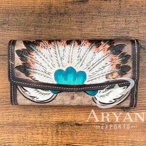 กระเป๋าสตางค์หนังแท้ที่ทำมือสำหรับผู้หญิงลายนูนขนนกตะวันตกกระเป๋าสตางค์หนังแท้ทนทานหนังวัวคลัทช์ลายดอกไม้ - Product Image 1