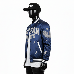 Veste universitaire en satin premium, tissu lisse et brillant, couleur marine, panneaux côtelés, logo brodé en chenille personnalisé, veste pour homme - Product Image 3