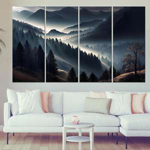 งานศิลปะบนผ้าใบพิมพ์ลาย: ภาพทิวทัศน์ภูเขาป่า ตกแต่งสไตล์ลอฟท์สมัยใหม่ ผ้าใบพิมพ์ลาย 4 ชิ้น - Product Image 1