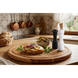 Tabla de cortar redonda de madera de haya de 30 cm con ranura para jugo, acabado con aceite vegetal, tabla para servir, venta al por mayor, logotipo personalizado - Product Image 3