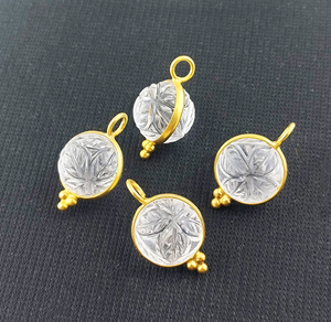 Pendentif boule en cristal clair Quartz 12mm Fleur ronde sculptée or Vermeil Pendentif en argent sterling 925 breloque faite à la main - Product Image 5