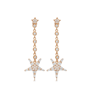 Boucles d'oreilles longues en pierre de Zircon clair, Design étoile, fabrication artisanale turque, vente en gros, bijoux en argent Sterling 925 - Product Image 6