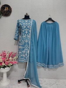 Nuevo diseñador de seda pesada Saree con trabajo Palazzo Suit Designer Georgette Top High Quality Adult Casual Party Gown Lehenga Choli - Product Image 3