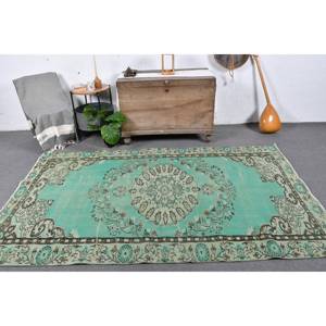 Alfombra turca tradicional verde Beige hecha a mano grande 4,9X8,4 pies patrón abstracto para sala de pasillo o cabecera para adolescentes - Product Image 1