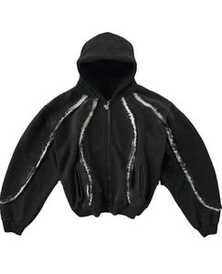 Haute qualité Vintage 100% coton sweat à capuche court taille XL lavé Streetwear avec bande frangée solide fermeture éclair en détresse pour l'hiver - Product Image 1