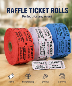 3 rouleaux de billets de tombola numérotés consécutivement, couleurs assorties, avec double extrémité détachable, pour fournitures de fête - Product Image 2