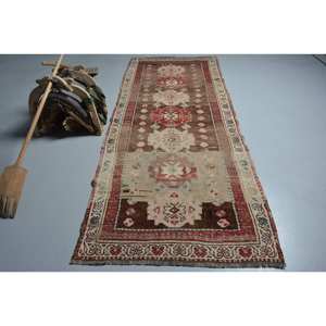 Alfombra turca vintage de área grande de 3,8x9,3 pies, material de lana beige marrón clásico, retales de látex para pasillo, alfombra rectangular para cabecera - Product Image 1