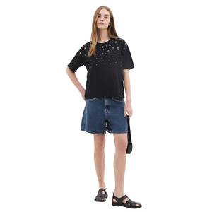 Camiseta Casual de Mujer, Corte Ajustado, 100% Algodón, con Cuello de Lazo Decorado con Diamantes, Orificios de Malla, Suave y Transpirable, desde XS hasta XXS - Product Image 3