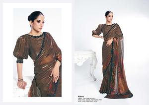 Hermoso Sari de seda satinada floral de primera calidad con bordado y trabajo manual de piedra, perfecto para todas las ocasiones - Product Image 4