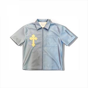 NOUVEAU Chemises en tissu de cuir de haute qualité pour hommes, broderie en détresse, logo personnalisé, chemises à manches courtes avec fermeture éclair pour hommes - Product Image 5