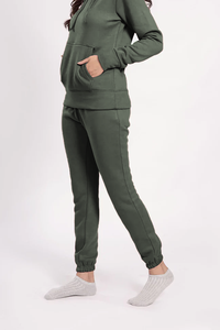 Ensemble de survêtement pour femme en coton 100% avec sweat à capuche court à demi-zip et pantalon ample, couleur unie, respirant - Product Image 2