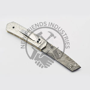 มีดพกพับเหล็กดามัสกัสทำด้วยมือสำหรับ100% ความหนา4มม. ด้ามจับทองเหลืองปรับแต่งได้สำหรับการล่าสัตว์ - Product Image 5