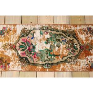 Alfombra Vintage de 1.3x3.1 pies, Alfombra Turca Pequeña, Alfombra con Bordes Marrones y Verdes - Product Image 2