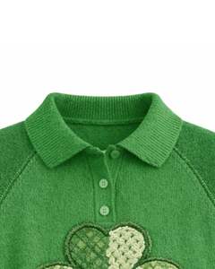 Suéter de Punto con Cuello Polo y Bordado de Trébol para Mujer, Verde, Manga Larga, Suave, Informal, para Invierno, Venta al por Mayor, Ropa de Moda - Product Image 5