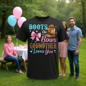 Camiseta Familiar con la Frase 'Godmother Loves You' para Revelación de Género, con Botas o Lazos para Ocasiones Especiales - Product Image 3