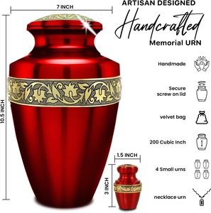 Juego de 6 urnas de recuerdo de cremación para adultos redondas de aluminio grabadas en rojo metálico contemporáneo de 10 "para restos humanos cenizas funerarias - Product Image 2