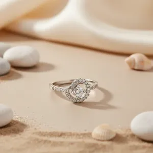 <b>925</b> <b>Silver</b> <b>Silver</b> Round Brilliant Cut Prong Set Minimalist Halo Diamond Engagement <b>Ring</b> for Women - Product Image 2