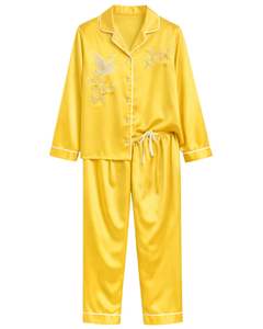 Manufacturer Women Yellow Embroidered Satin Silk <b>Pajama</b> Set Button Down Long Sleeve Sleepwear Luxury Soft Shiny Loungewear - Product Image 1