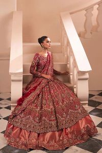 NEW--BRIDAL-MAROON anarkali, Peach lehenga & dupatta ชุดตกแต่งด้วยลูกปัดแก้วคริสตัลประดับ, หิน, dabka Work for Wedding = 2024 - Product Image 2