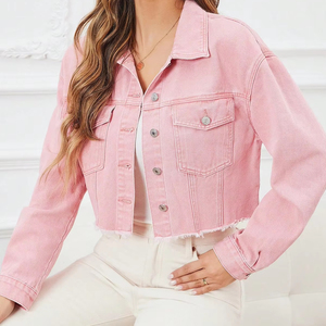 เสื้อแจ็คเก็ตยีนส์สีชมพูแขนยาวสำหรับผู้หญิง ผ้าฝ้าย 100% ระบายอากาศได้ดี เป็นมิตรกับสิ่งแวดล้อม สไตล์ลำลอง แฟชั่นเข้าได้กับทุกชุด สำหรับสาวๆ - Product Image 5