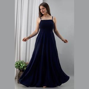 Robe de soirée trapèze en satin bleu marine, taille empire, confortable, manches mi-longues, tailles XS/XL, formelle, simple, longueur genou ou longueur ras du sol - Product Image 1