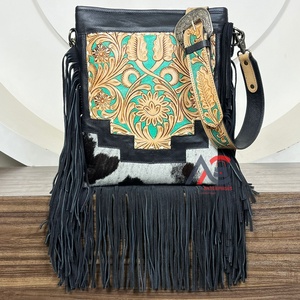 New Trend Luxury Designers Fringe Bag Custom Hand <b>Tooled</b> Cowhide <b>Leather</b> Crossbody Messenger Handbags for Women Zipper Purse - Product Image 1